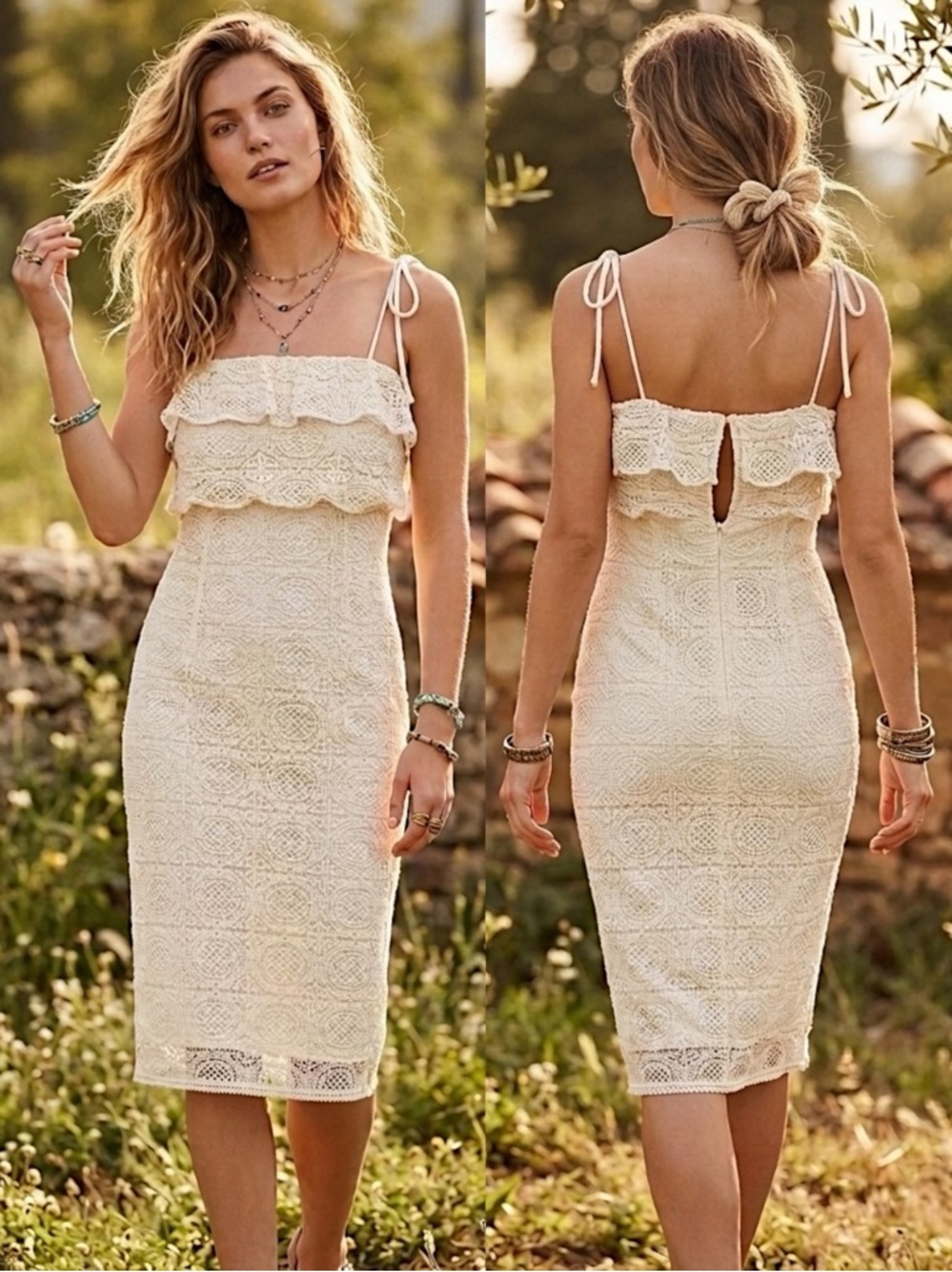 June & Hudson Ivory Lace Midi Dress Bridal Graduation Boho Ruffle Medium NWT